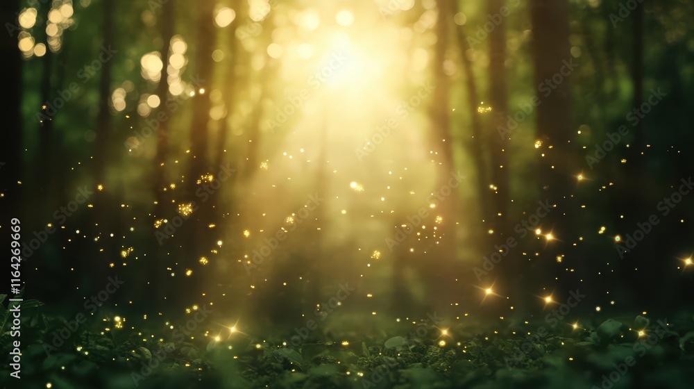 Poster a serene forest scene illuminated by sunlight, with sparkling particles creating a magical atmospher