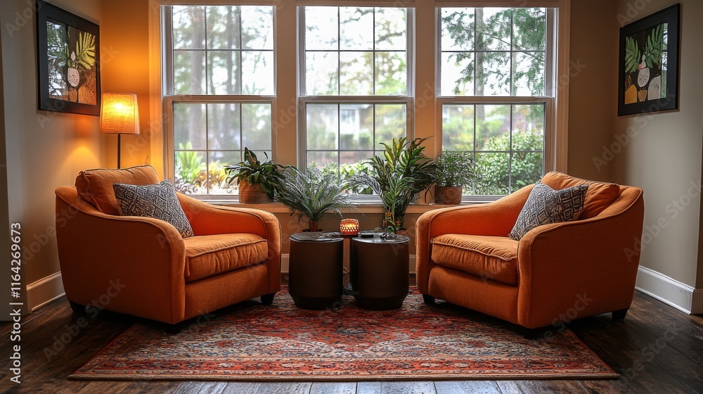 Poster two orange armchairs are arranged beside each other, with a small table in the middle. lush plants f