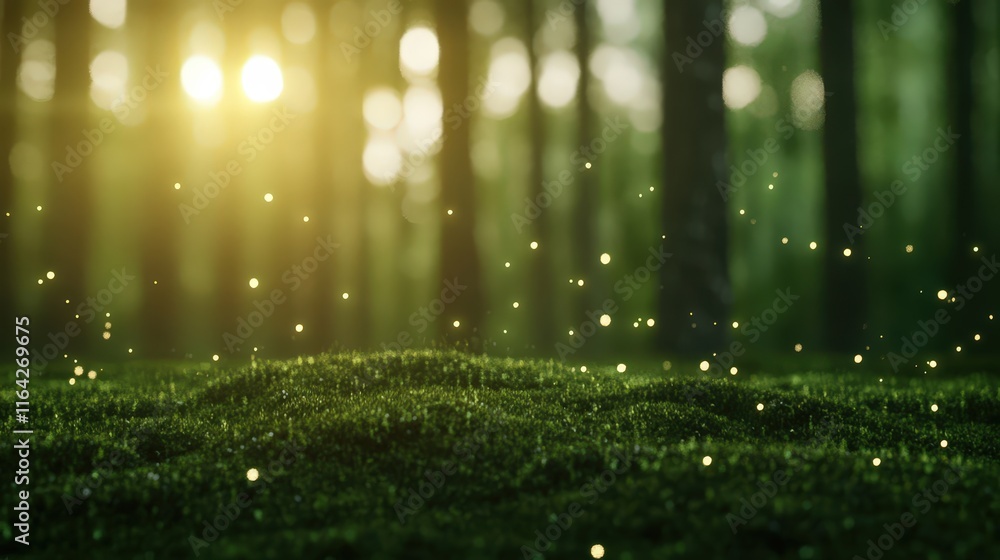 Poster a serene forest scene with glowing particles in sunlight filtering through trees, creating a magical