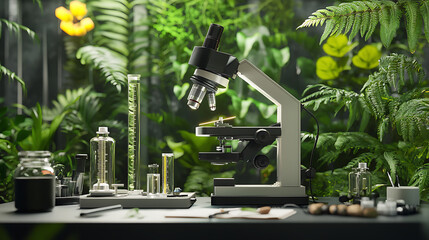 modern microscope on research desk surrounded by lush greenery, showcasing scientific exploration in vibrant rainforest setting