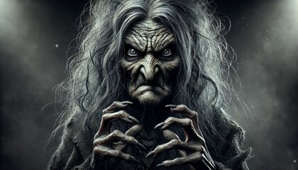 Old Angry Witch Portrait with Fierce Expression and Dramatic Lighting &ndash; High-Quality 16:9 Stock Image in a Dark and Mysterious Setting