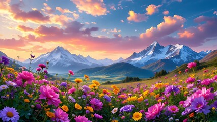 Fototapeta premium Beautiful spring floral field of pink flowers, set against a backdrop of snowy mountains at sunset and a blue sky.