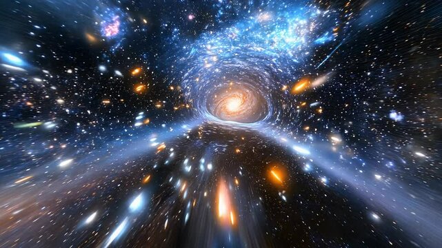 A dramatic view of a cosmic void, showcasing an empty region of space with faint distant galaxies on the horizon, emphasizing the vastness and emptiness of the universe