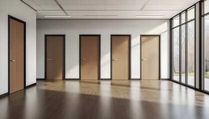 Obraz premium Mock Up Of Office Corridor Featuring Four Doors, Reception Desk At The End, And Two Conference Rooms Adjacent. High-Quality Rendering.