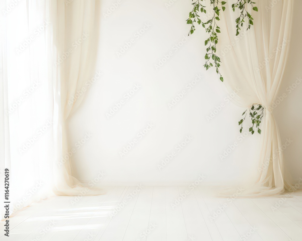 Poster a serene, minimalistic space featuring soft curtains and greenery, creating a calm and inviting atmo