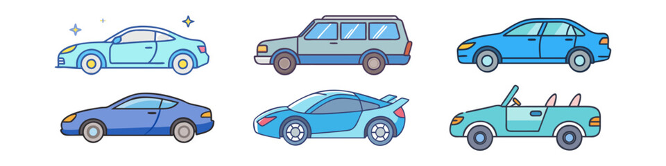 Illustration of Various Car Models and Types - A vector illustration displaying six car types: sports car, SUV, sedan, coupe, hatchback, and convertible, in vibrant blue tones.