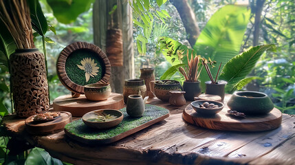 Natural decor and handcrafted items displayed on wooden table in lush rainforest setting, showcasing organic materials and vibrant greenery