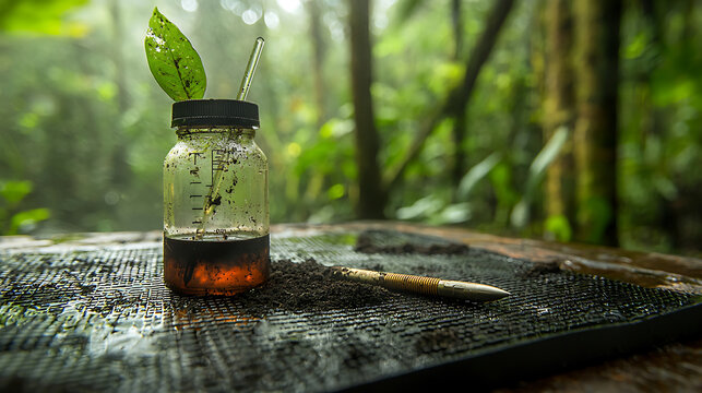 glass jar filled with soil and water sits mat lush rainforest, surrounded by greenery. scene captures essence of nature and scientific exploration