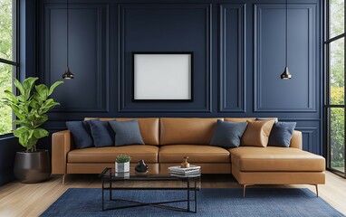 Tan leather sectional sofa in a navy blue modern living room with a large window, plants, and a coffee table.