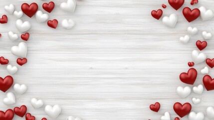 A decorative arrangement of red and white hearts on a wooden board, ideal for celebrating Valentine's Day and expressing love