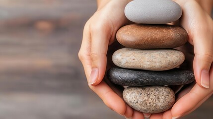 Closeup of hands arranging polished stones in a Zen pattern, deliberate and calming, patience, serenity, balance