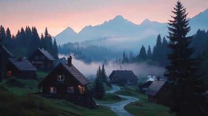 Quiet mountain village waking up to the first light of day, smoke gently rising from chimneys, patience, serenity, balance