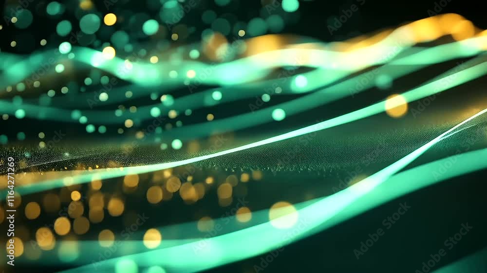 Poster a digital wave composed of tiny glowing triangles, forming a futuristic cyberspace scene with soft g