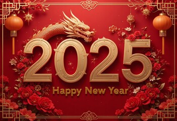 Golden dragon with festive flowers celebrates the 2025 Chinese New Year on a vibrant red background.