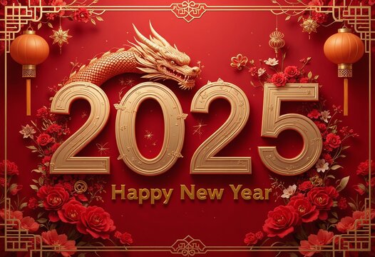 Golden dragon with festive flowers celebrates the 2025 Chinese New Year on a vibrant red background. - Powered by Adobe
