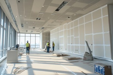 Construction workers engage in drywall installation in a modern office space with large windows and ample natural light
