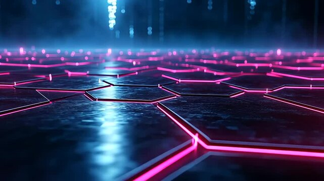 A futuristic cyberspace design featuring a network of glowing hexagons connected by neon lines, with a misty holographic background