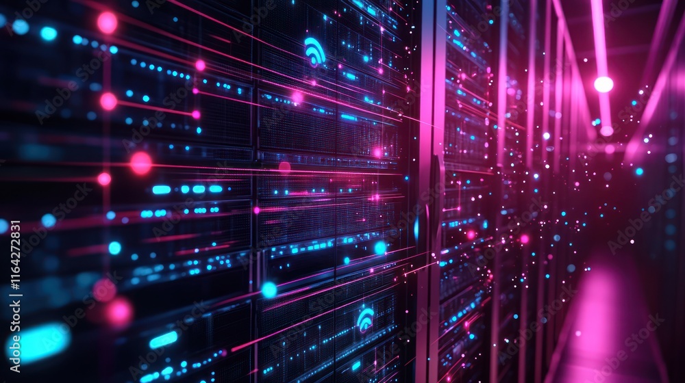 Poster futuristic server room with glowing data streams.