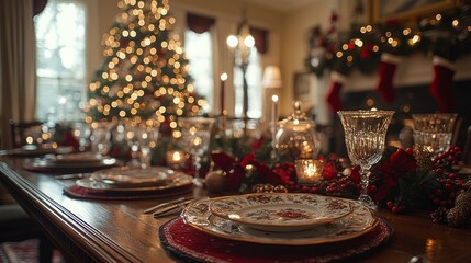 Fototapeta premium Cozy holiday dinner setting with festive decorations and warm fireplace ambiance