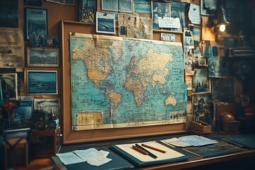 A vintage explorer's desk with a world map, old photographs, and travel documents, evoking a sense of adventure and wanderlust.