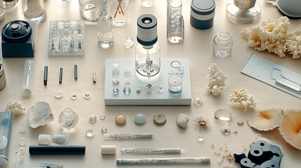 detailed geology analysis kit with various tools and specimens on desk, showcasing scientific exploration theme