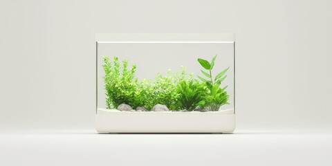 A minimalist aquarium showcasing vibrant green aquatic plants in a modern setup.