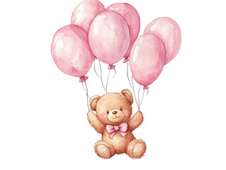 A teddy bear is holding a bunch of pink balloons. Watercolor style. 