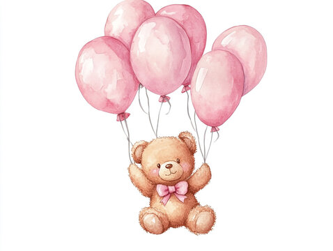 Naklejki A teddy bear is holding a bunch of pink balloons. Watercolor style. 