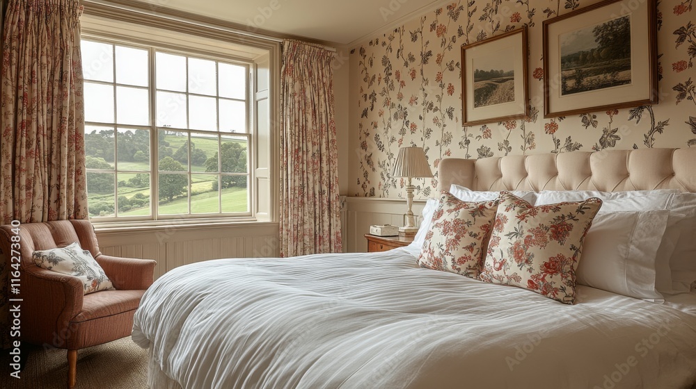 Aufkleber a warm and inviting bedroom features floral wallpaper and a comfortable bed adorned with decorative 