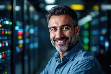 Obraz premium Close portrait of a smiling 40s Turkmen male IT worker looking at the camera, against dark server room blurred background.