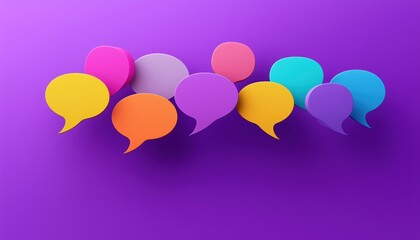 Creative Social Network Communication: Speech Bubbles With Blank Copy Space On Purple Background. Empty Dialogue Balloons For Messaging And Collaboration.