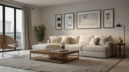 modern living room with picture and green big plant