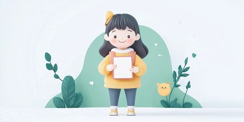 Cheerful girl holding a blank paper, surrounded by playful plants and a friendly backdrop.