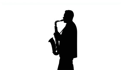 Naklejka premium Saxophonist playing music in silhouette against white background