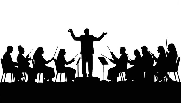 Conductor directing orchestra in silhouette against white background