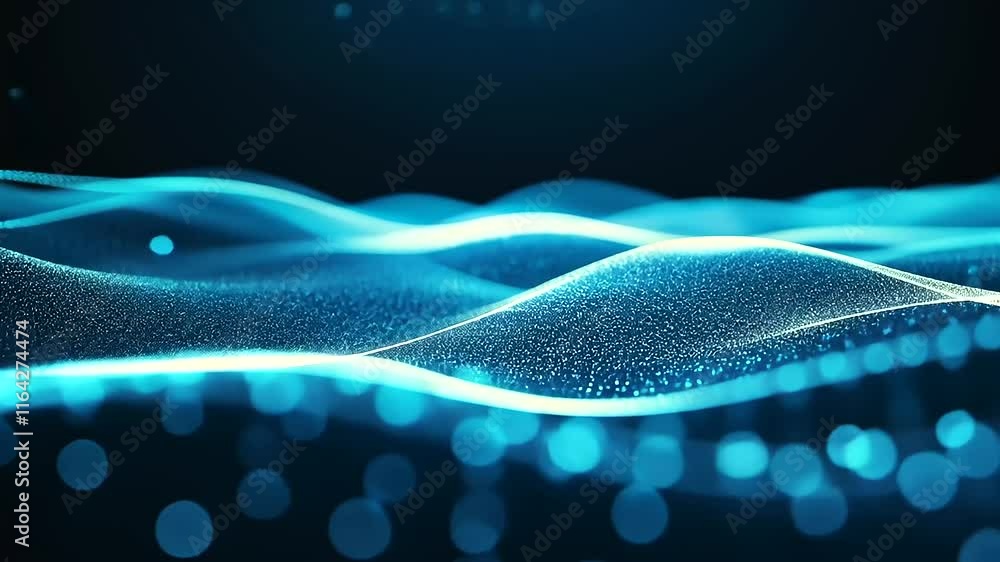 Poster a layered composition of translucent, glowing blue particles floating across a blurred gradient that