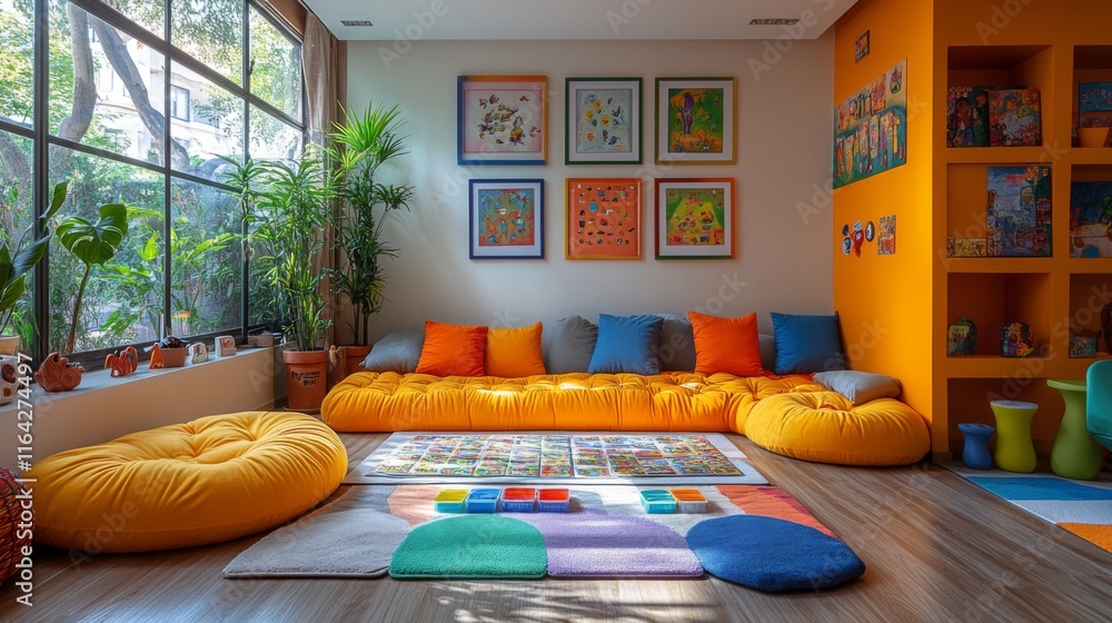 Aufkleber a bright playroom features large yellow cushions, vibrant artwork on the walls, and a colorful rug. 