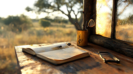 Obraz premium serene field desk with open notebook, pens, and insect specimen, capturing essence of nature study