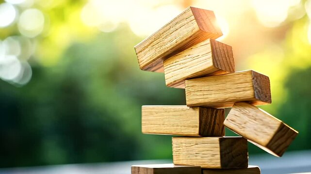 A playful stack of wooden blocks with letters toppling over, symbolizing the fun and chaos of early childhood learning