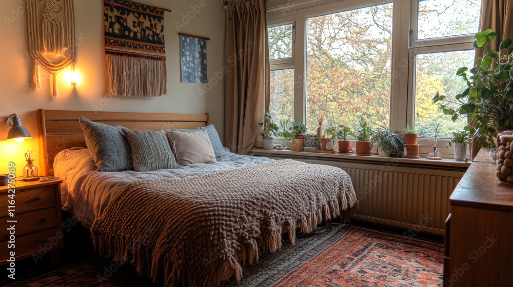 Poster a serene bedroom featuring a comfortable bed draped in a cozy blanket. natural light streams through