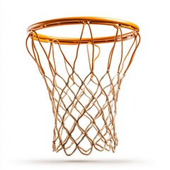 A close up of a basketball hoop net showcasing the net and rim against a plain background.