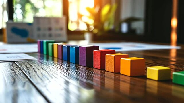 A set of letter blocks arranged in a rainbow gradient, displayed on a polished wooden table alongside small educational charts