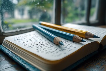 Fototapeta premium Blue pencils lie on an open notebook filled with writing by a window on a rainy day.