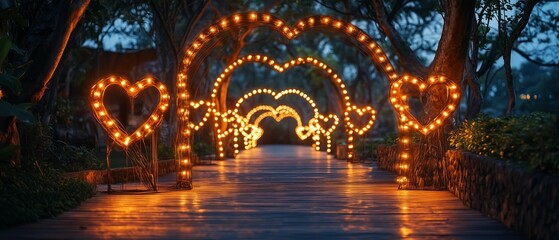Naklejka premium Elegant Valentine Day pathway adorned with glowing heart-shaped arches and romantic lighting for love and celebration