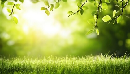 Obraz premium Stunning Spring And Summer Landscape Featuring Lush Green Grass And Sunlit Tree Twigs In Widescreen Frame