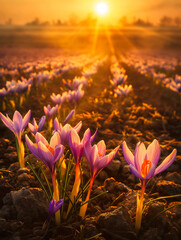 Saffron crocus fields in a golden embrace, painting a serene and magical landscape that awakens...