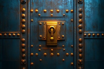 Obraz premium A heavy, blue metal door with gold rivets and a unique locking mechanism.