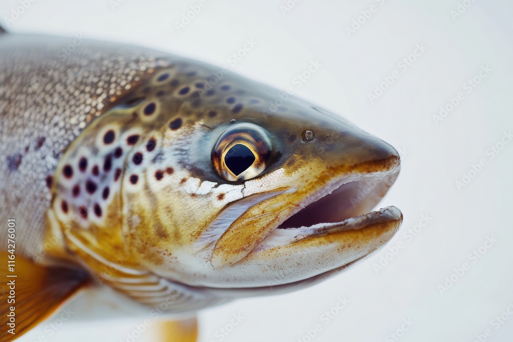 Poster close-up of a brown trout showcasing intricate patterns and vibrant colors against a white backgroun