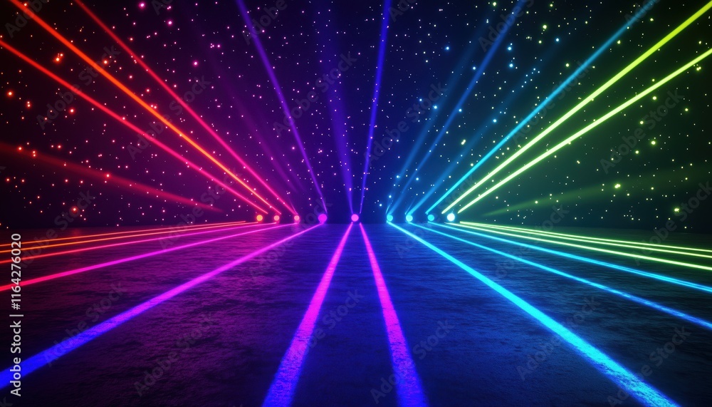 Poster abstract laser show at night: vibrant neon light rendering in the dark with ultraviolet spectrum bea
