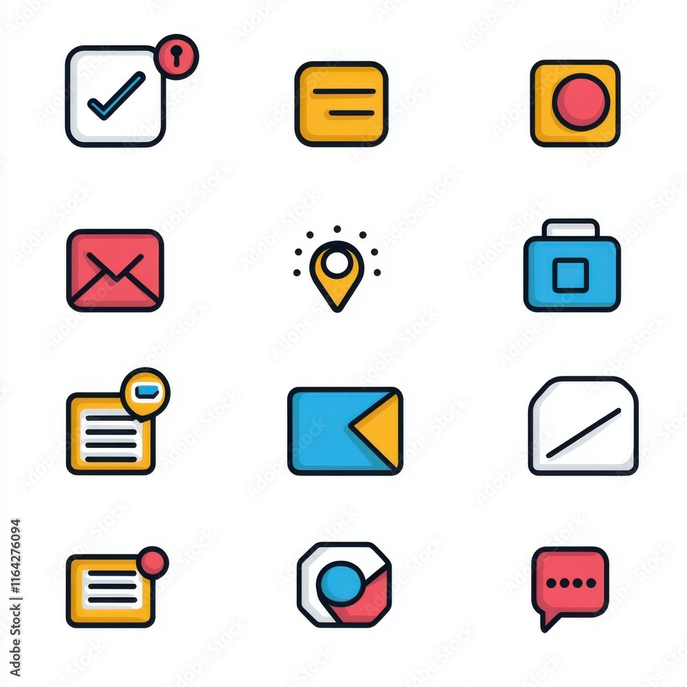 Poster colorful icons representing various digital communication and media functions.
